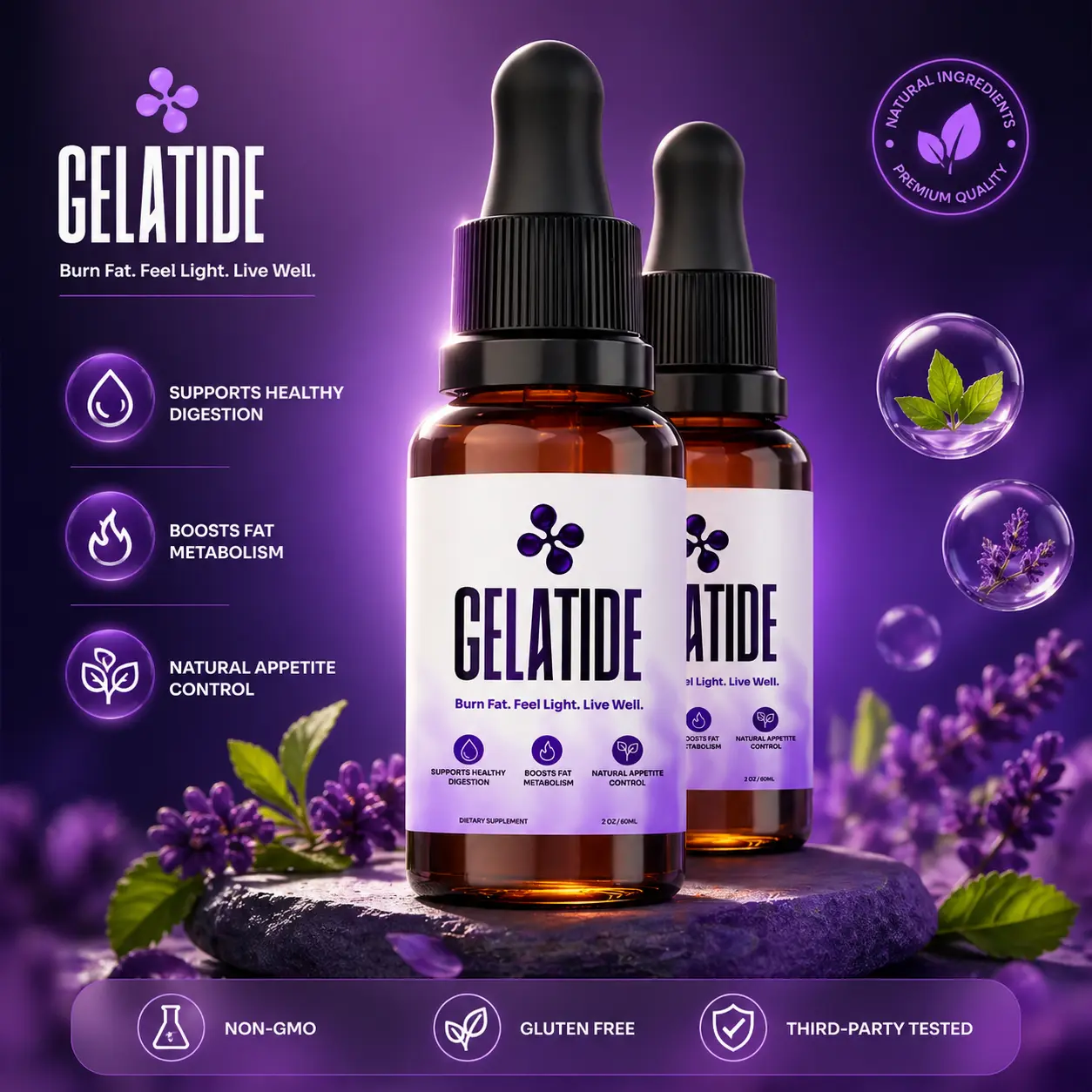 Gelatide dropper close-up showing liquid weight management formula with plant-based ingredients